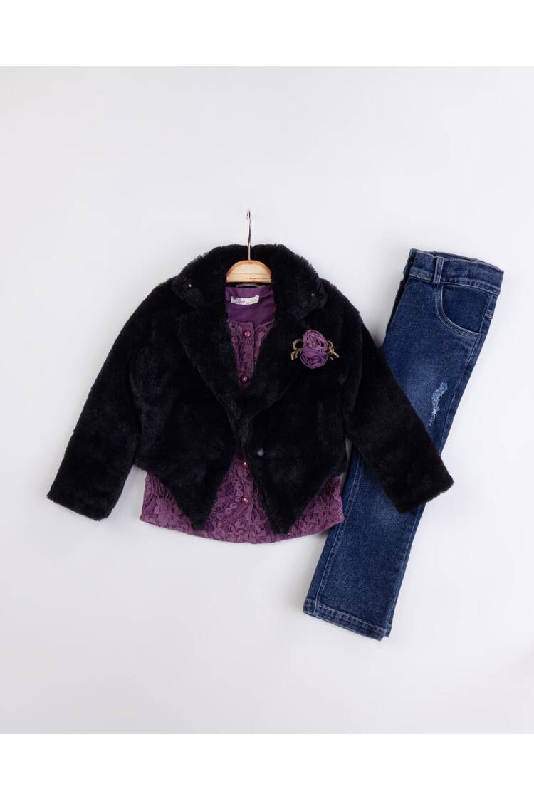 Wholesale Girl's 3-Piece Fur Jacket Lace Blouse Jeans Pants Set with Bag 2-6Y - Brand: Miss Lore - Kids & Baby Clothes Wholesale - Globality Store