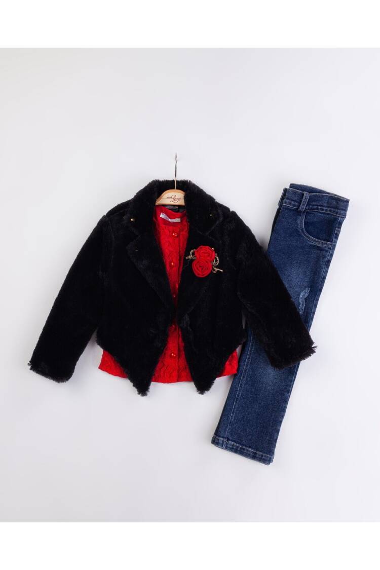 Wholesale Girl's 3-Piece Fur Jacket Lace Blouse Jeans Pants Set with Bag 2-6Y - Brand: Miss Lore - Kids & Baby Clothes Wholesale - Globality Store