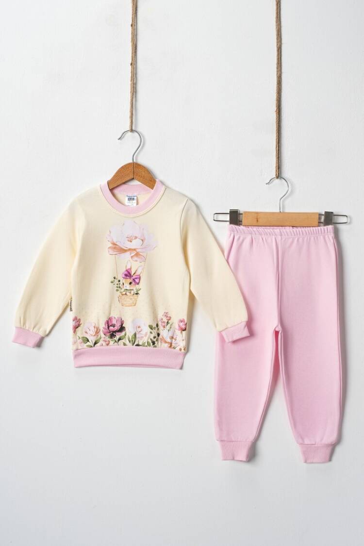 Wholesale Girl's Floral Rabbit Printed 2pcs Tracksuit Set 2-4Y - Brand: Hoppidik - Kids & Baby Clothes Wholesale - Globality Store