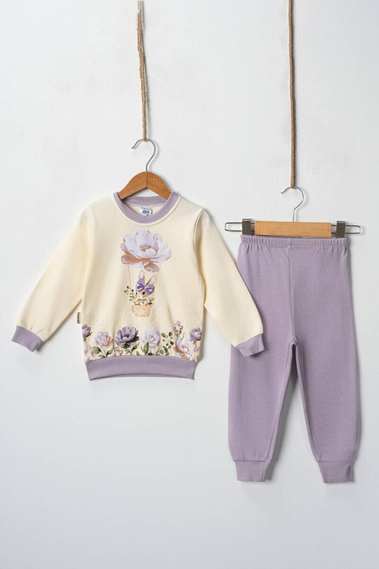 Wholesale Girl's Floral Rabbit Printed 2pcs Tracksuit Set 2-4Y - Brand: Hoppidik - Kids & Baby Clothes Wholesale - Globality Store