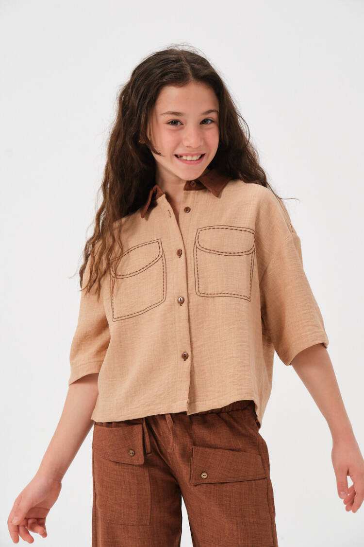 Wholesale Girls Pocket Pattern Detailed Short Sleeve Shirt 8-15Y - Brand: Jazziee - Kids & Baby Clothes Wholesale - Globality Store