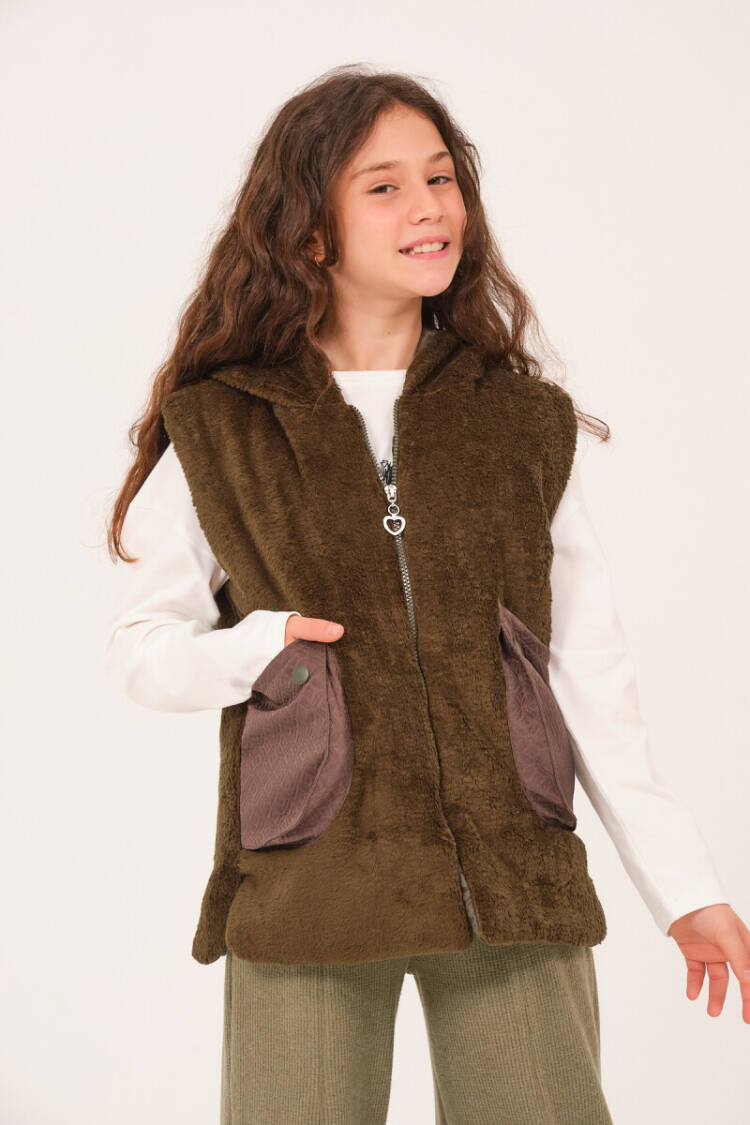 Wholesale Teenage Girl Children's Pocket Detailed Hooded Plush Vest 9-14Y - Brand: Jazziee - Kids & Baby Clothes Wholesale - Globality Store