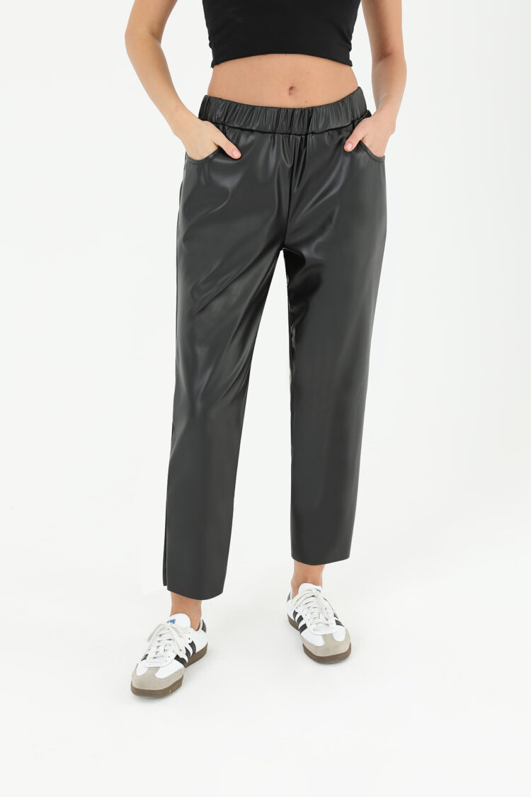 Women's Elastic Waist Pocket Detailed Leather Trousers