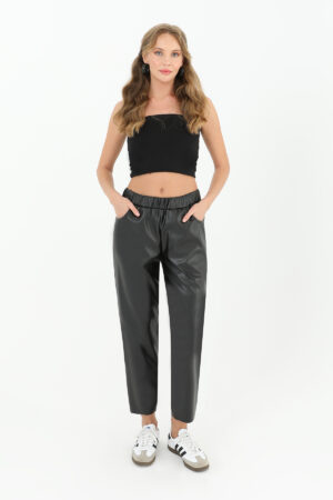 Women's Elastic Waist Pocket Detailed Leather Trousers - Brand: Puane - Women & Kids, Baby Clothes Wholesale - Globality Store