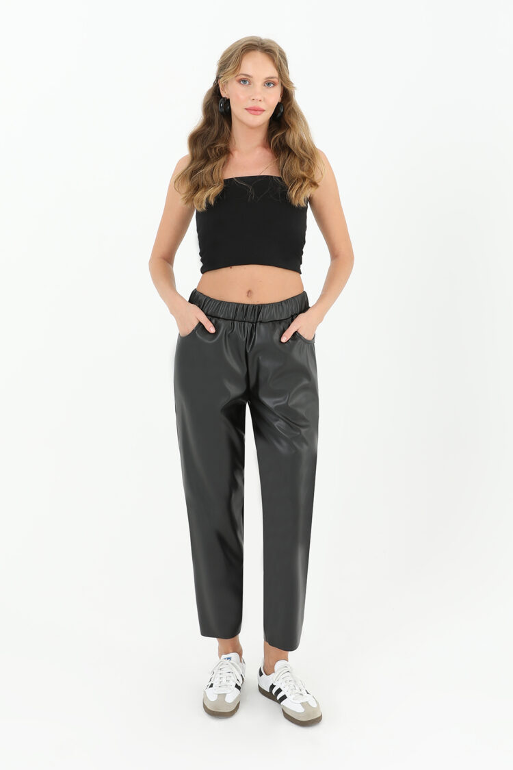 Women's Elastic Waist Pocket Detailed Leather Trousers