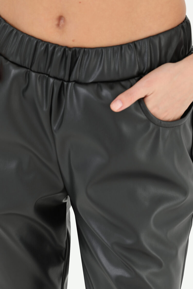 Women's Elastic Waist Pocket Detailed Leather Trousers
