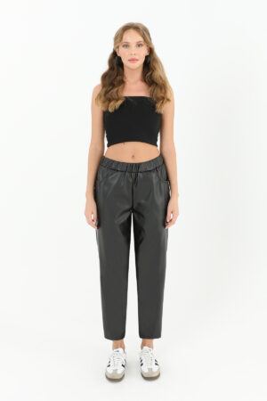 Women's Elastic Waist Pocket Detailed Leather Trousers - Brand: Puane - Women & Kids, Baby Clothes Wholesale - Globality Store