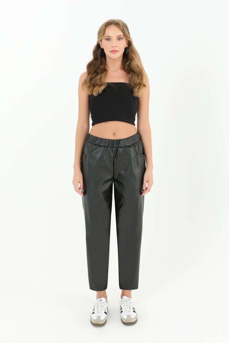 Women's Elastic Waist Pocket Detailed Leather Trousers - Brand: Puane - Women & Kids, Baby Clothes Wholesale - Globality Store
