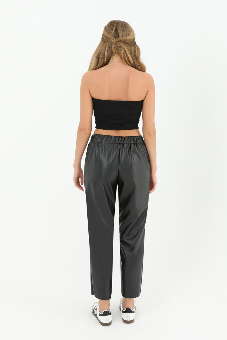 Women's Elastic Waist Pocket Detailed Leather Trousers