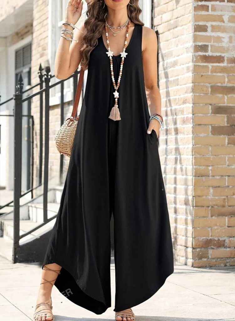 Women's Strappy Long Viscose Jumpsuit With Round Neck Pockets