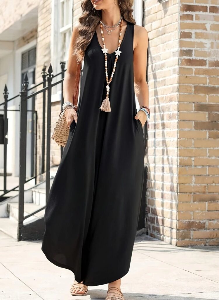 Women's Strappy Long Viscose Jumpsuit With Round Neck Pockets - Brand: Janes - Women & Kids, Baby Clothes Wholesale - Globality Store