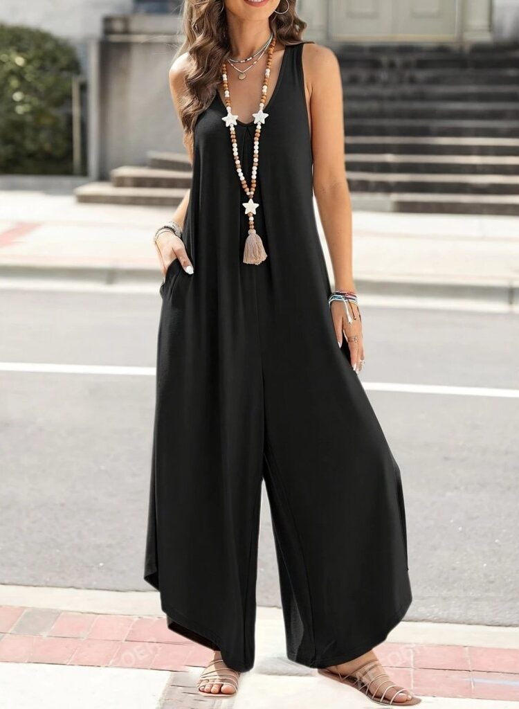 Women's Strappy Long Viscose Jumpsuit With Round Neck Pockets