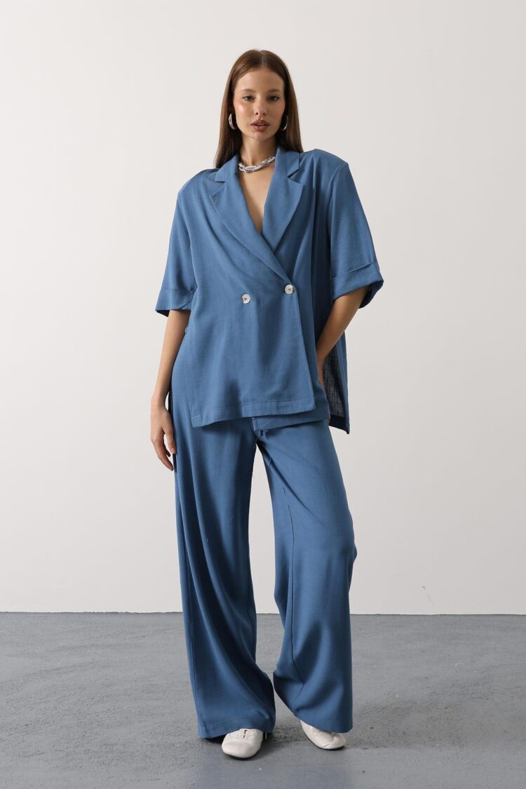 Blue Loose Fit Jacket With Notched Collar