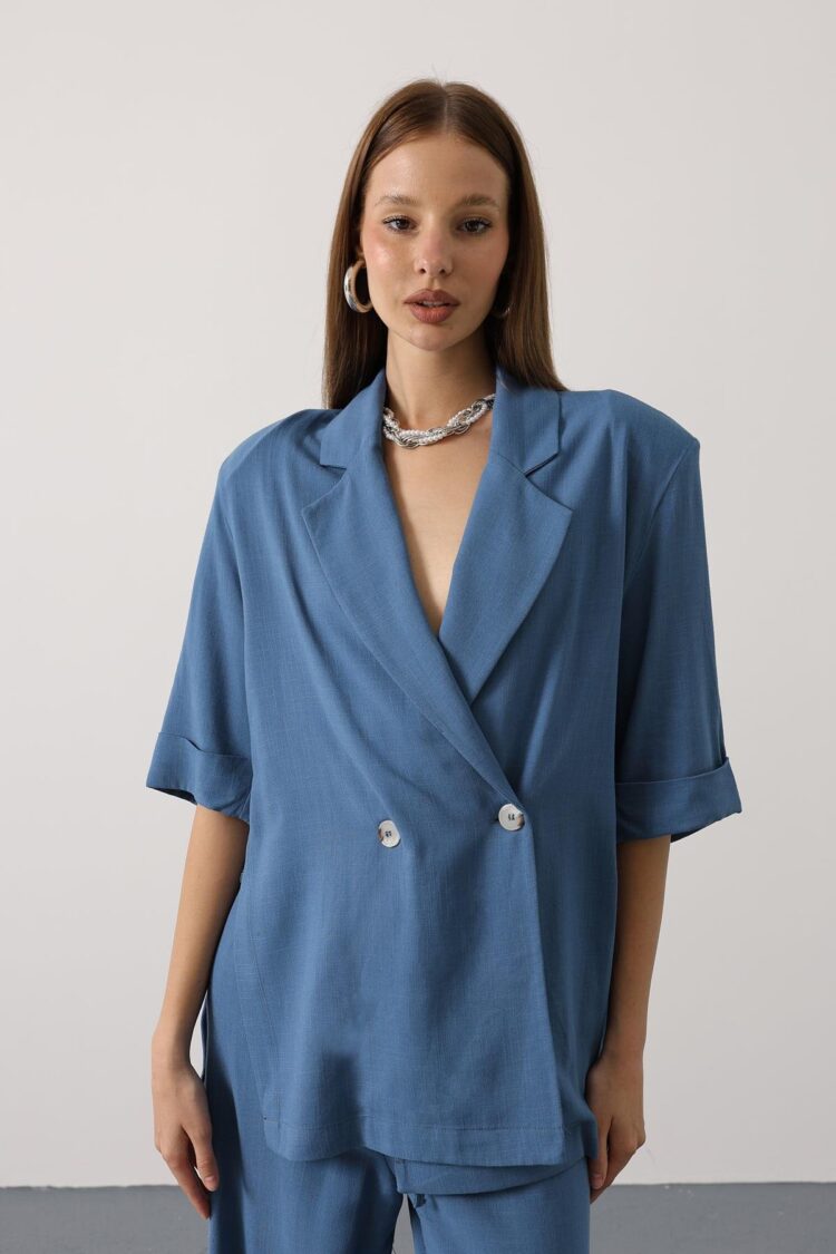 Blue Loose Fit Jacket With Notched Collar