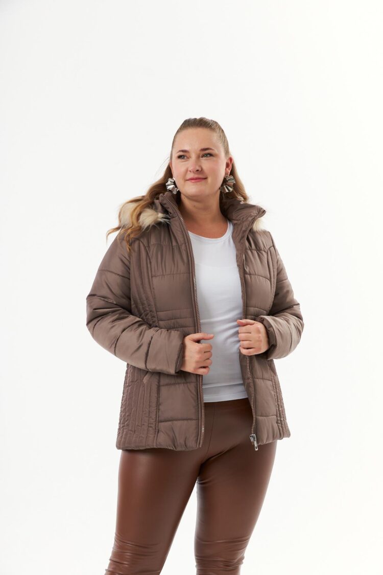 Brown Puffer Coat With High Collar And Zip Up Closure
