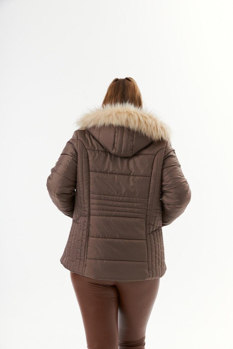Brown Puffer Coat With High Collar And Zip Up Closure