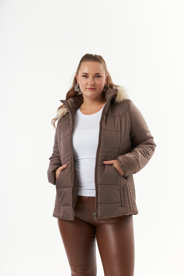 Brown Puffer Coat With High Collar And Zip Up Closure