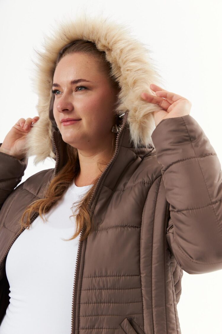 Brown Puffer Coat With High Collar And Zip Up Closure