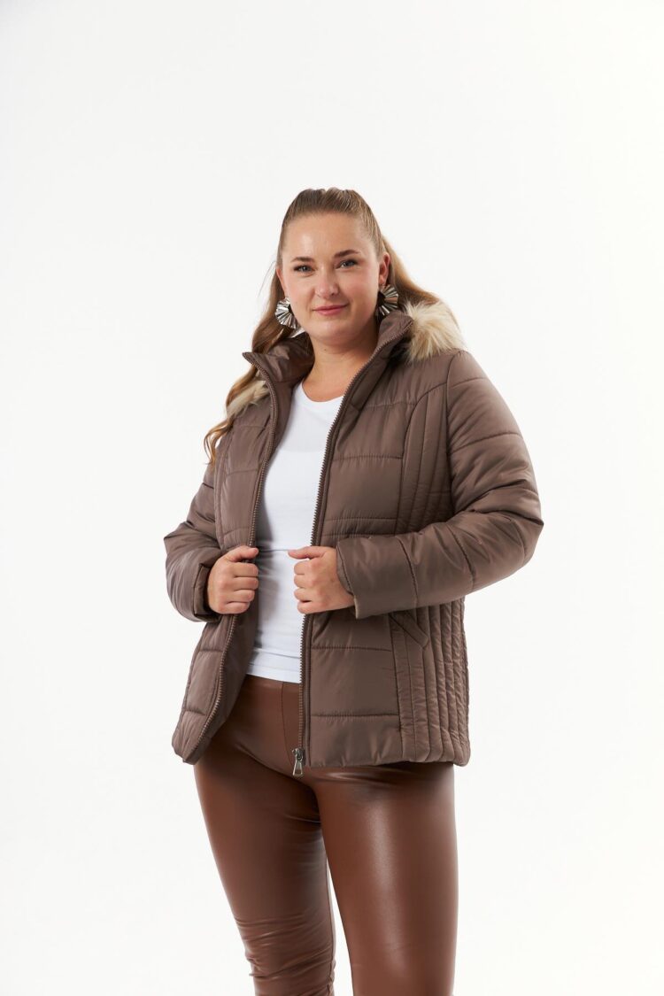 Brown Puffer Coat With High Collar And Zip Up Closure