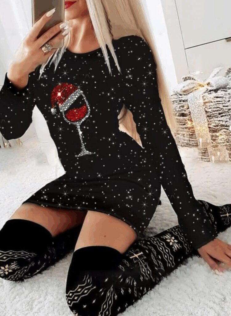 Black Mini Sweater Dress With Stars And Sequins