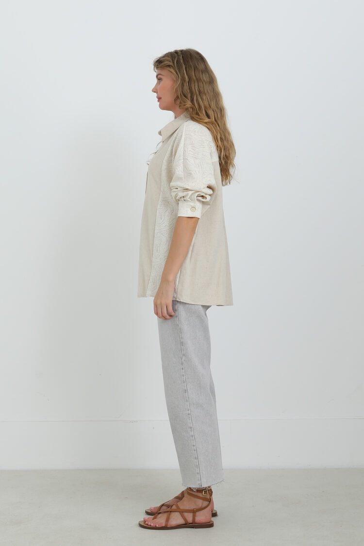 Beige Casual Oversized Fit Shirt With Notched Neck