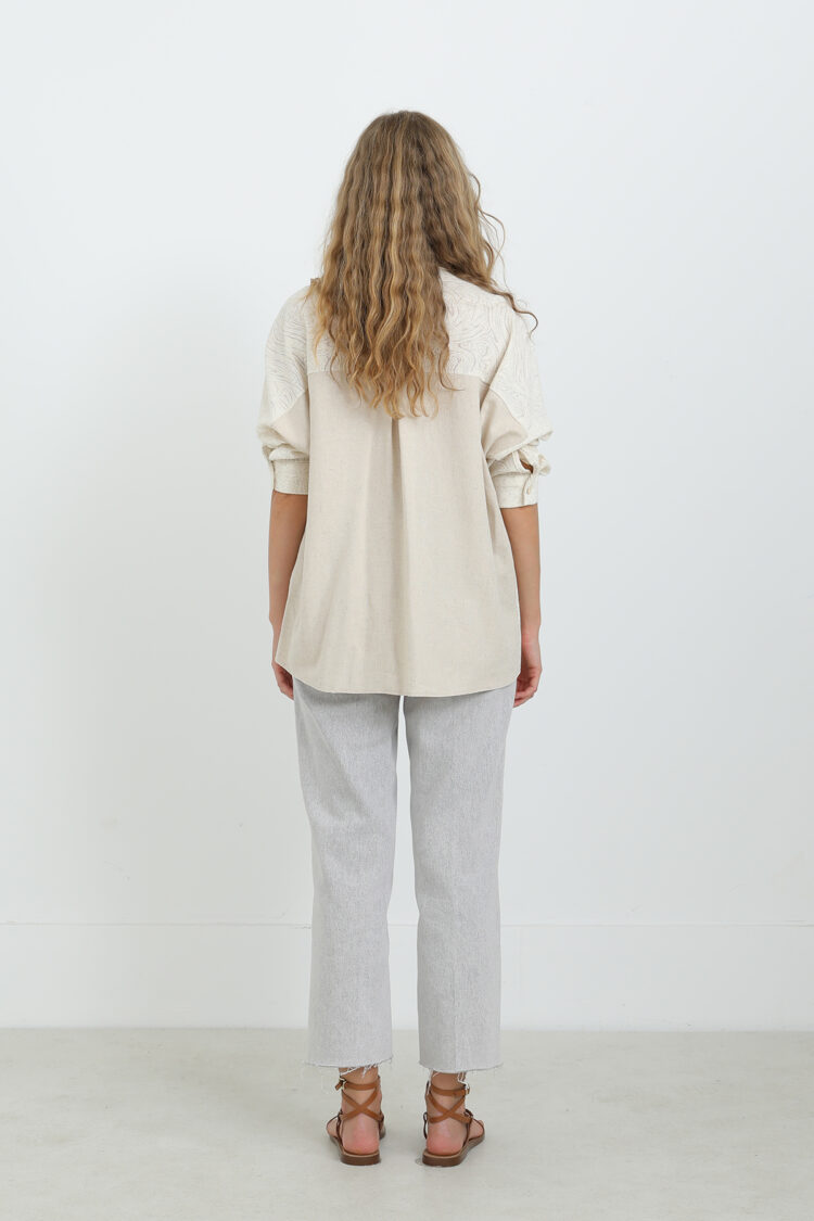 Beige Casual Oversized Fit Shirt With Notched Neck