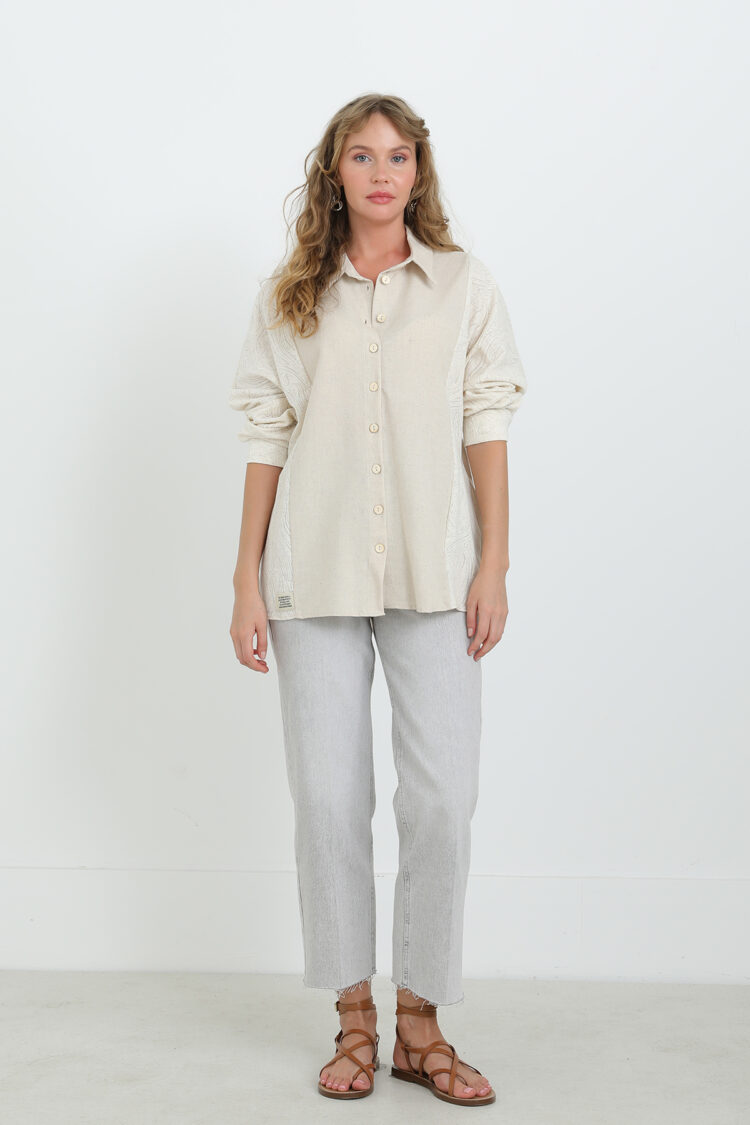 Beige Casual Oversized Fit Shirt With Notched Neck