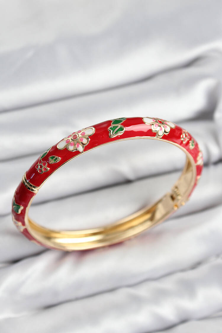 Gold Women's Clamp With Enameled Brass Red Flower Motif - Brand: Ebijuteri - Women & Kids, Baby Clothes Wholesale - Globality Store