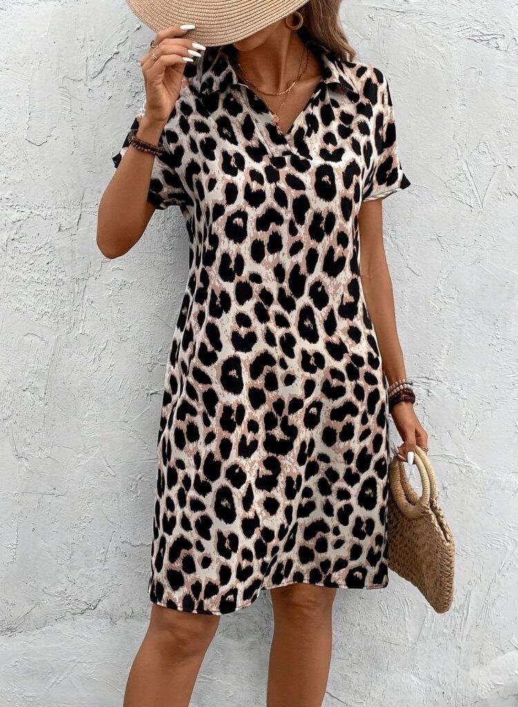 Beige Leopard Print Casual Shirt Dress