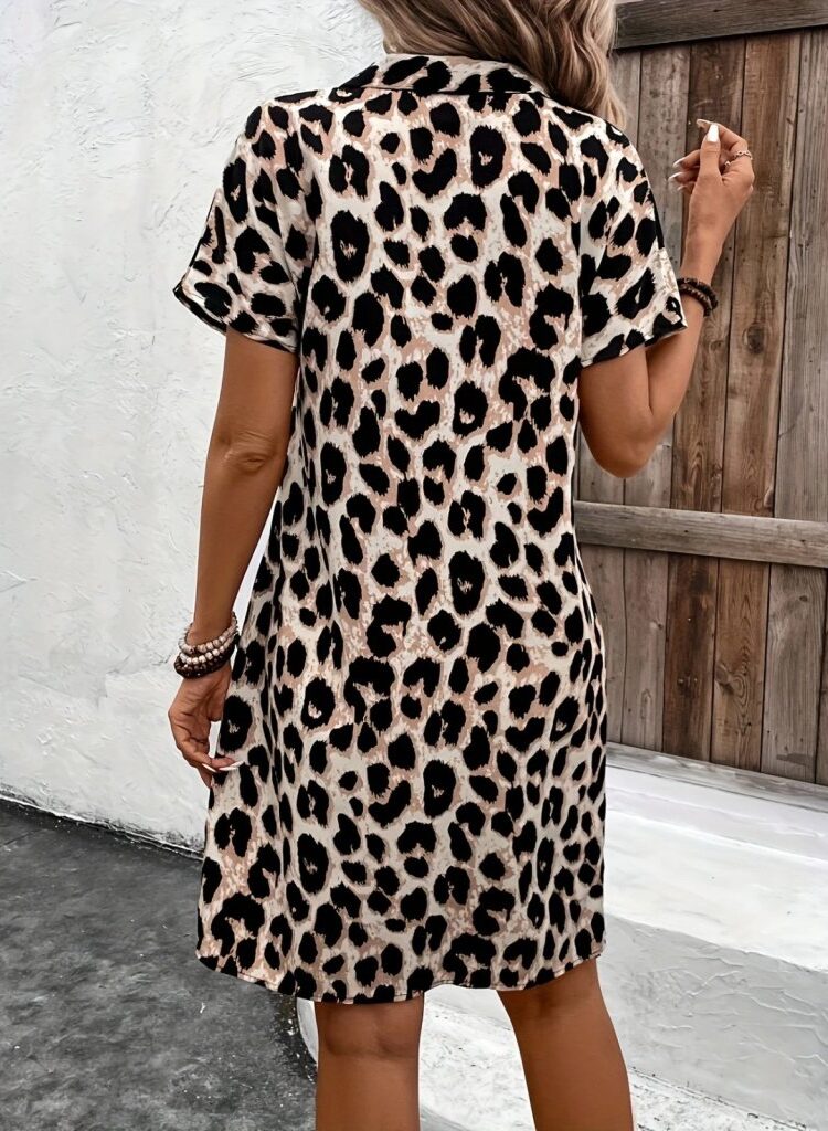 Beige Leopard Print Casual Shirt Dress