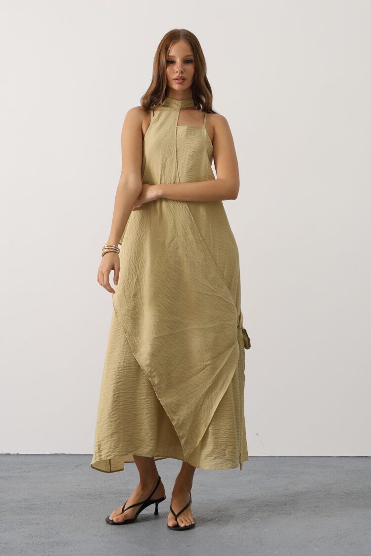 Khaki Elegant Sleeveless Midi Slit Dress