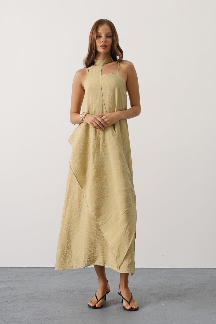 Khaki Elegant Sleeveless Midi Slit Dress