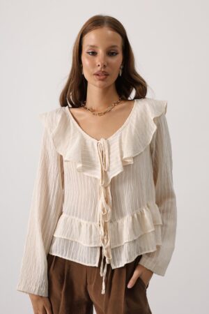 Beige Boho Blouse With V-Neck And Long Sleeves - Brand: Reyon - Women & Kids, Baby Clothes Wholesale - Globality Store