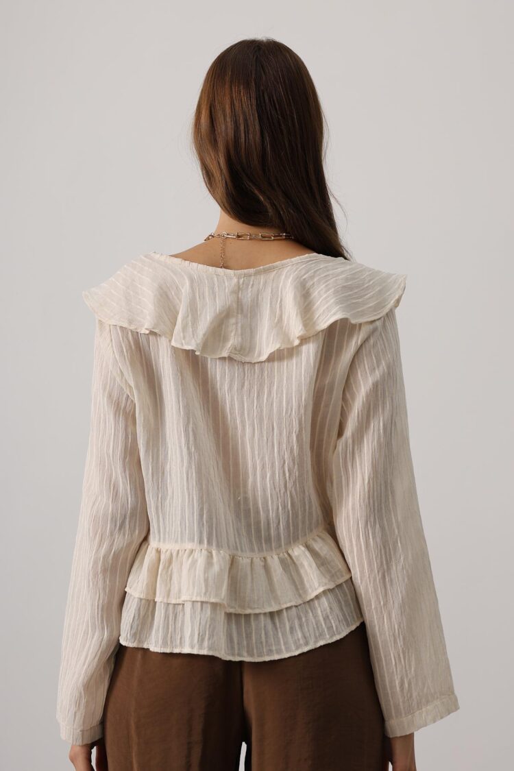Beige Boho Blouse With V-Neck And Long Sleeves