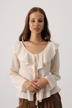 Beige Boho Blouse With V-Neck And Long Sleeves - Brand: Reyon - Women & Kids, Baby Clothes Wholesale - Globality Store