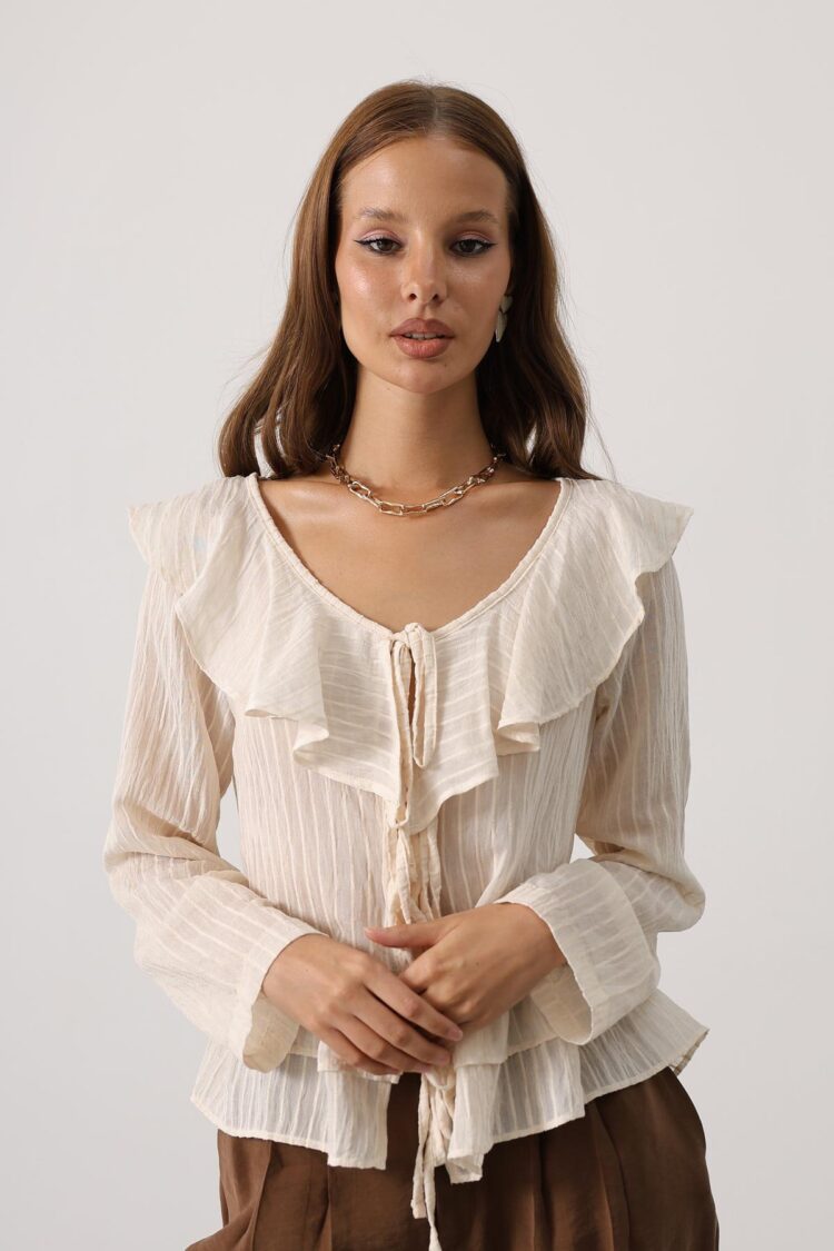 Beige Boho Blouse With V-Neck And Long Sleeves