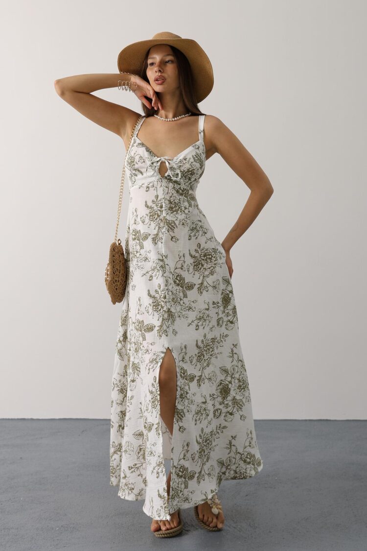 Elegant White Slip Dress With Floral V-Neck Maxi