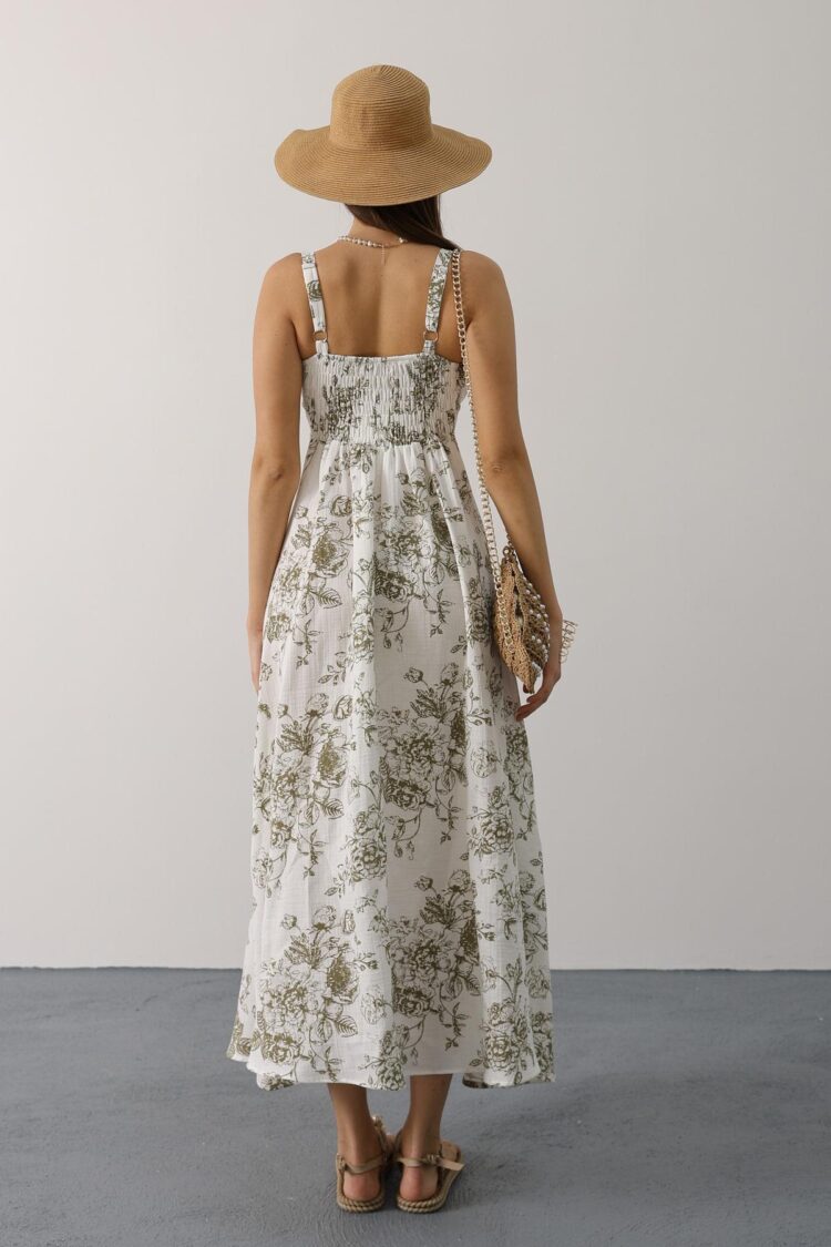 Elegant White Slip Dress With Floral V-Neck Maxi