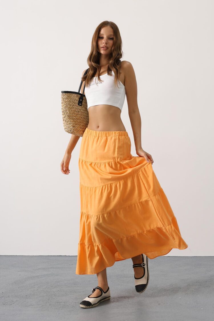 Orange Casual Boho Layered Maxi Skirt Mid Waist - Brand: Reyon - Women & Kids, Baby Clothes Wholesale - Globality Store