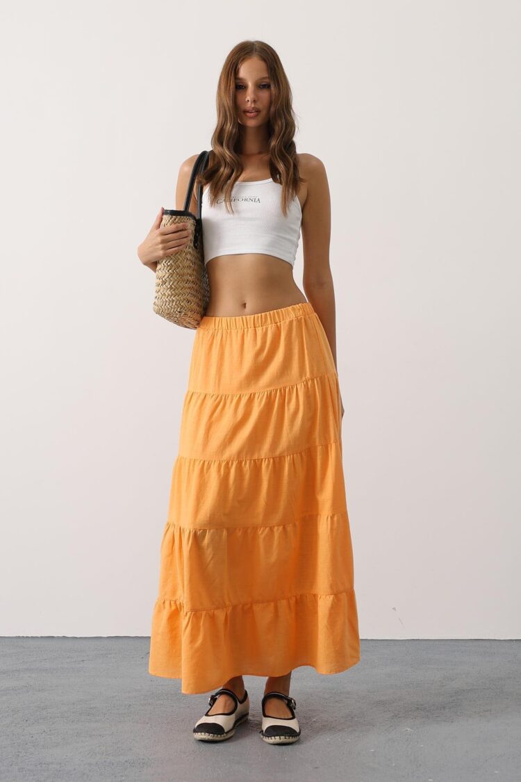 Orange Casual Boho Layered Maxi Skirt Mid Waist