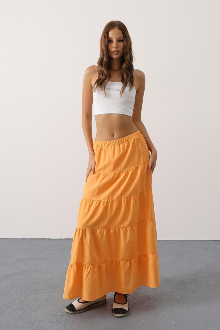 Orange Casual Boho Layered Maxi Skirt Mid Waist