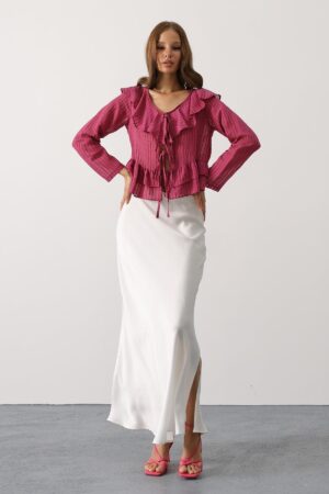 Fuchsia Striped V-Neck Blouse With Long Straight Sleeves - Brand: Reyon - Women & Kids, Baby Clothes Wholesale - Globality Store