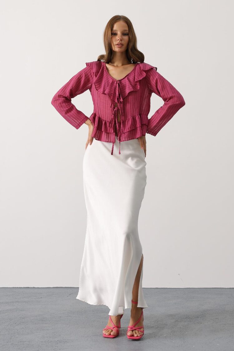 Fuchsia Striped V-Neck Blouse With Long Straight Sleeves - Brand: Reyon - Women & Kids, Baby Clothes Wholesale - Globality Store