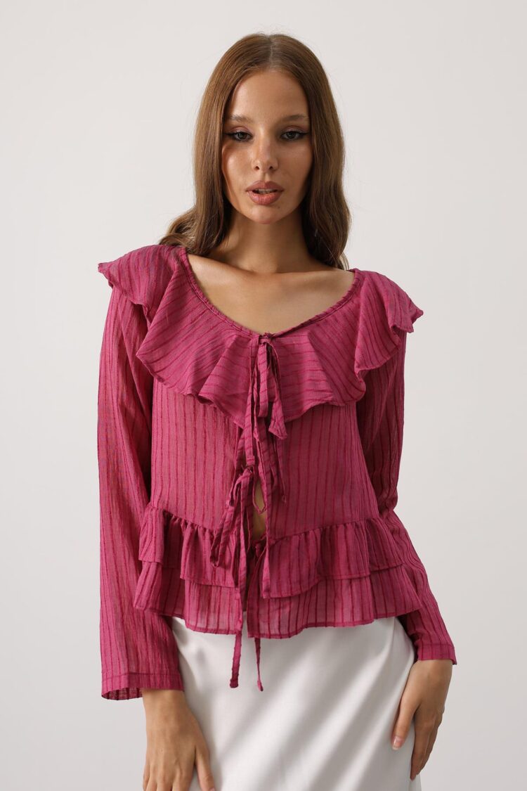 Fuchsia Striped V-Neck Blouse With Long Straight Sleeves