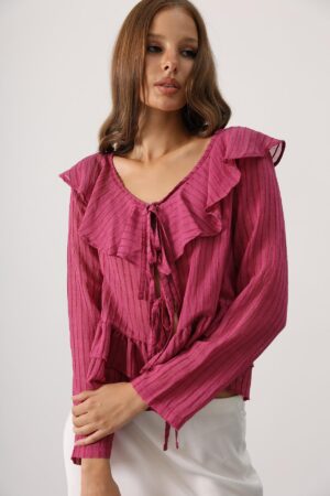 Fuchsia Striped V-Neck Blouse With Long Straight Sleeves - Brand: Reyon - Women & Kids, Baby Clothes Wholesale - Globality Store