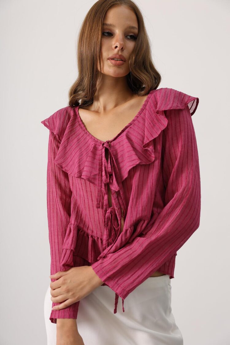 Fuchsia Striped V-Neck Blouse With Long Straight Sleeves