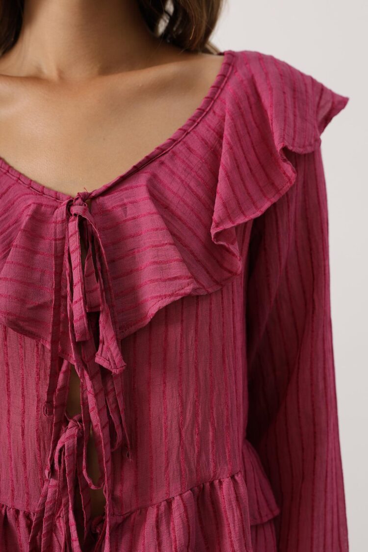 Fuchsia Striped V-Neck Blouse With Long Straight Sleeves