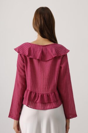Fuchsia Striped V-Neck Blouse With Long Straight Sleeves - Brand: Reyon - Women & Kids, Baby Clothes Wholesale - Globality Store