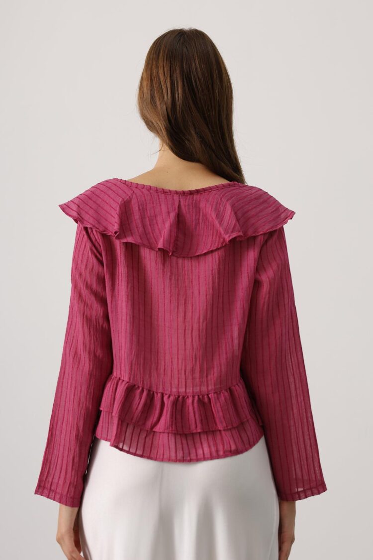 Fuchsia Striped V-Neck Blouse With Long Straight Sleeves