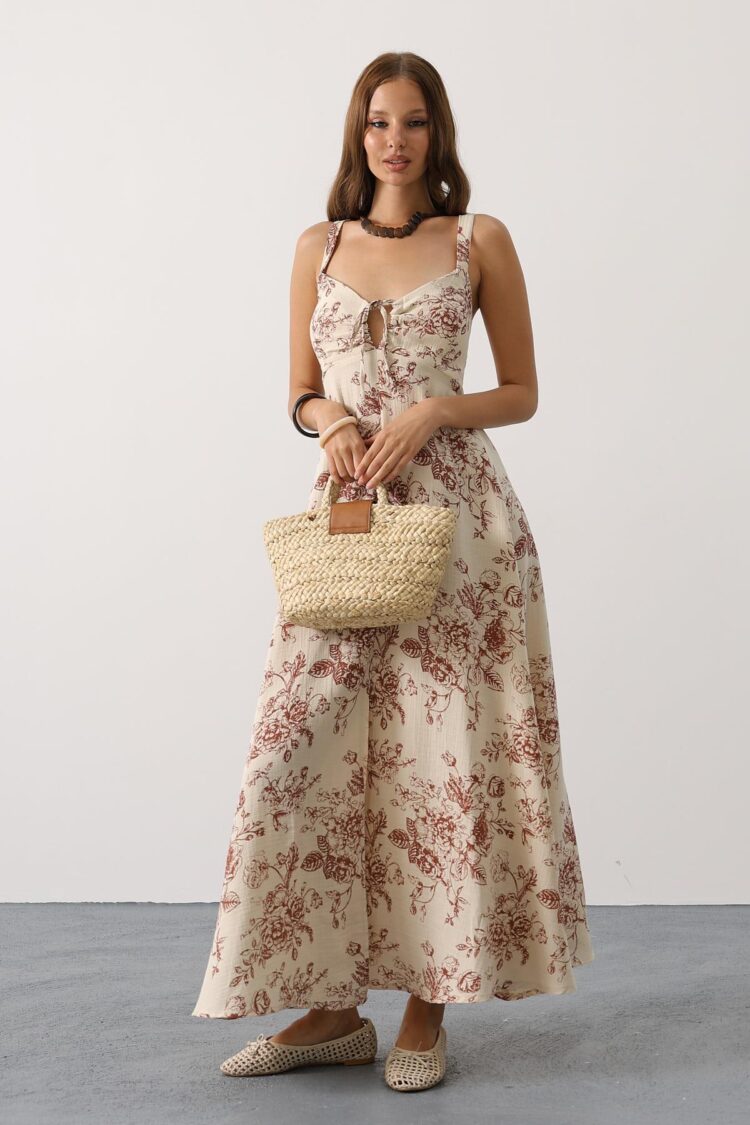 Beige Boho Slip Maxi Dress With Sweetheart Neck